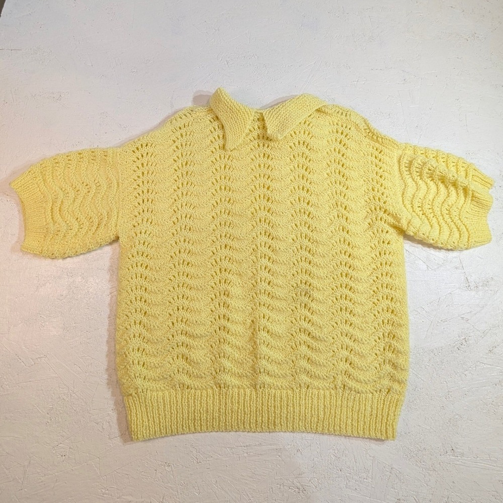 Vintage Yellow Knit Polo Shirt Short Sleeve Crochet Lace Womens READ - Picture 7 of 10